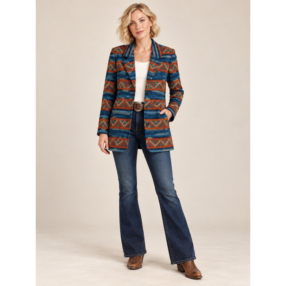 Boho Southwestern Y2K Vintage Blue Orange Blanket Geometric Wool Blend M Jacket